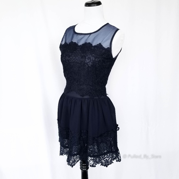 Dresses & Skirts - Navy-Blue Sheer Lace Korean Fashion Dress